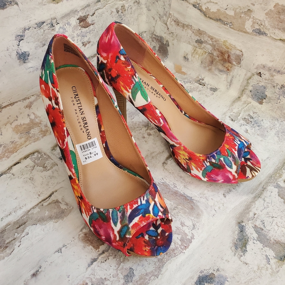 Christian Siriano Womens 8.5 Red For Payless Floral Peep Toe Stiletto Heels